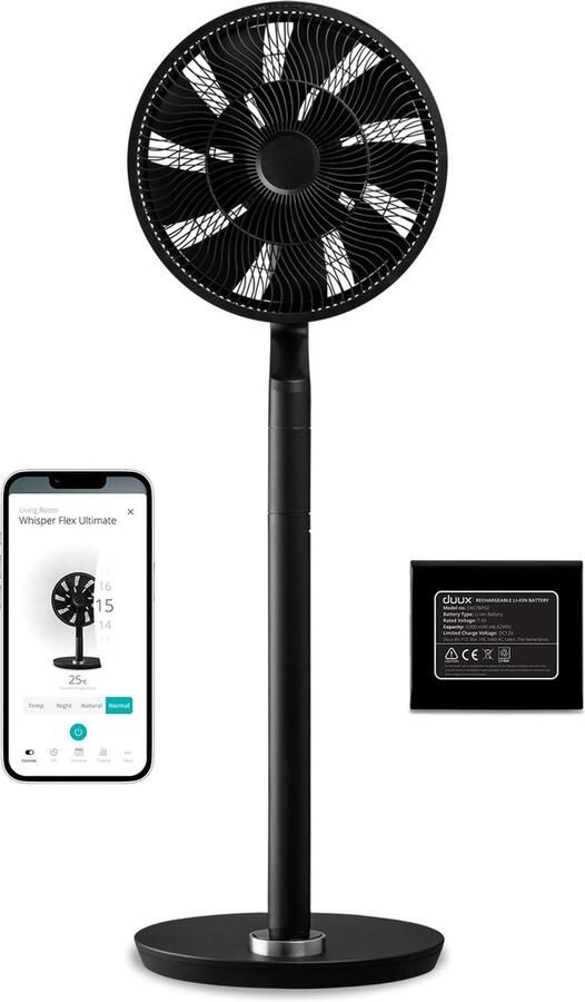 Duux Whisper Flex Ultimate Zwart Smart Statiefventilator & Tafelventilator met Dock & Accu