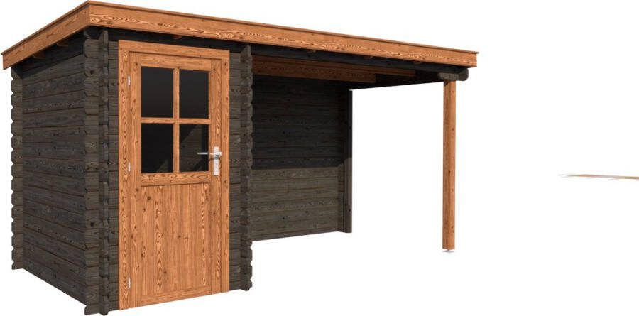 Dwf BlokhuttenOutlet.nl Blokhut met overkapping lessenaar dak 150 x 200 + 300cm in black wash met brown wash