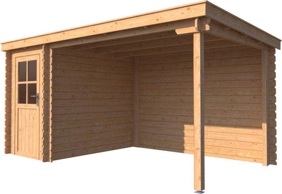Dwf BlokhuttenOutlet.nl Blokhut met overkapping lessenaar dak 150 x 250 + 300cm