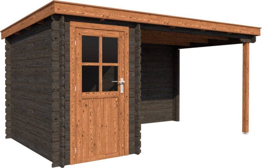 Dwf BlokhuttenOutlet.nl Blokhut met overkapping lessenaar dak 150 x 250 + 300cm in black wash met brown wash