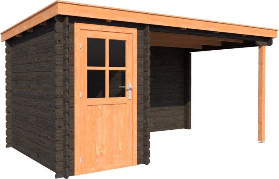 Dwf BlokhuttenOutlet.nl Blokhut met overkapping lessenaar dak 150 x 250 + 300cm in black wash met douglas wash