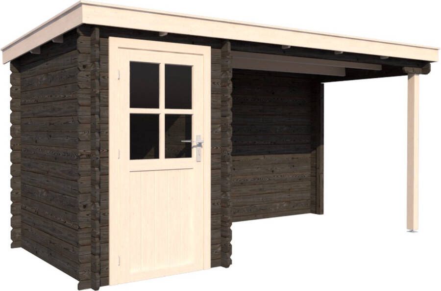 Dwf BlokhuttenOutlet.nl Blokhut met overkapping lessenaar dak 150 x 250 + 300cm in black wash met white wash