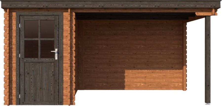 Dwf BlokhuttenOutlet.nl Blokhut met overkapping lessenaar dak 150 x 250 + 300cm in brown wash met black wash
