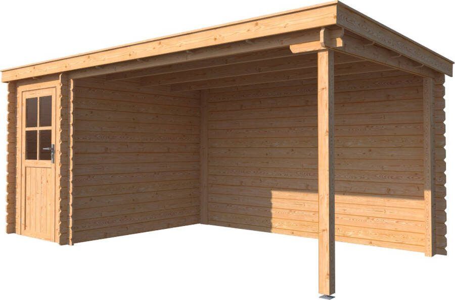 Dwf BlokhuttenOutlet.nl Blokhut met overkapping lessenaar dak 150 x 250 + 350cm