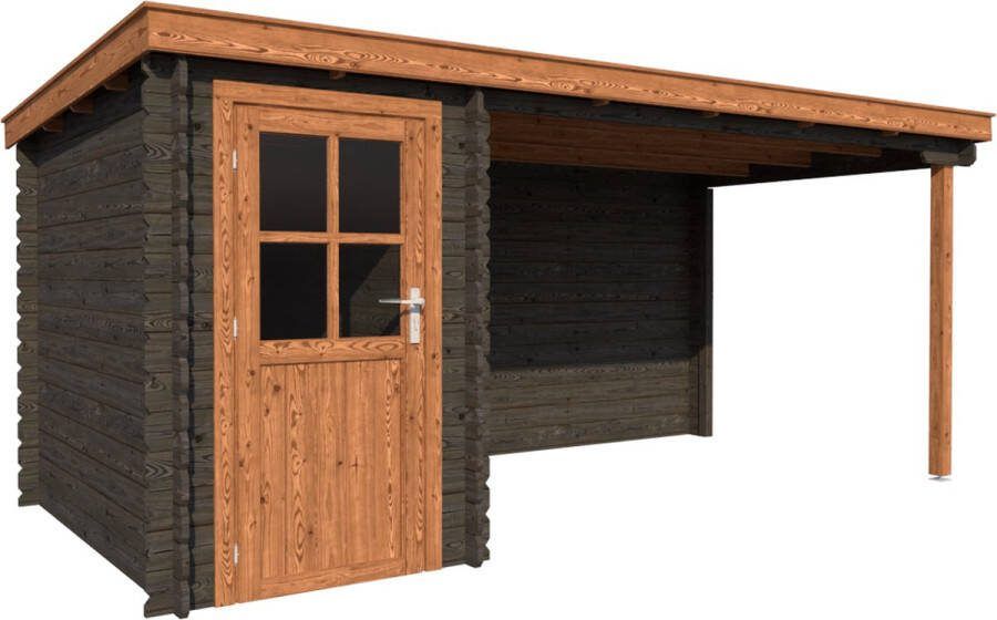 Dwf BlokhuttenOutlet.nl Blokhut met overkapping lessenaar dak 150 x 250 + 350cm in black wash met brown wash