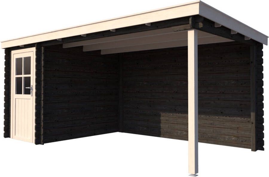 Dwf BlokhuttenOutlet.nl Blokhut met overkapping lessenaar dak 150 x 250 + 350cm in black wash met white wash