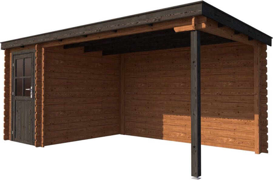 Dwf BlokhuttenOutlet.nl Blokhut met overkapping lessenaar dak 150 x 250 + 350cm in brown wash met black wash