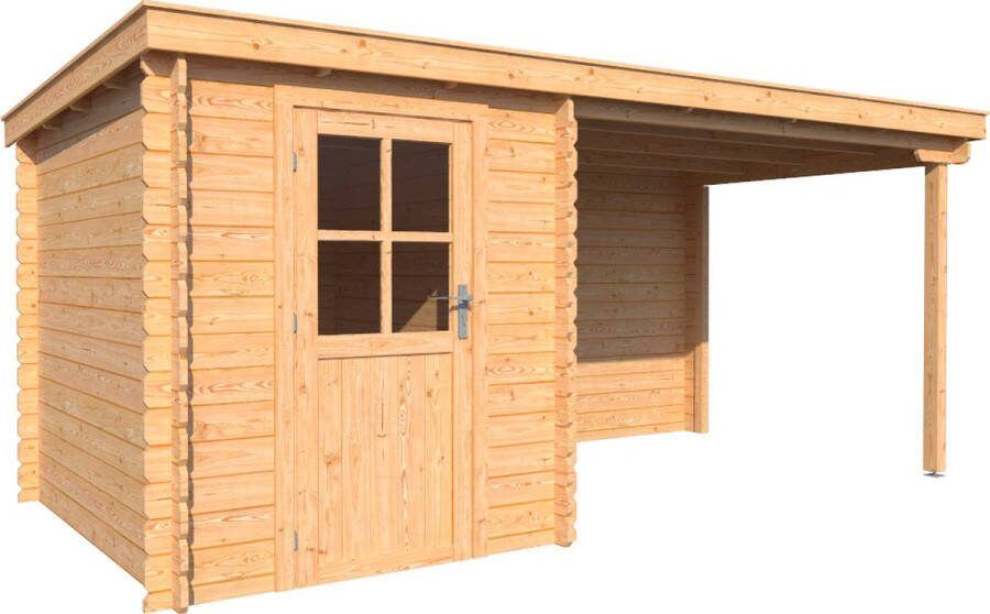 Dwf BlokhuttenOutlet.nl Blokhut met overkapping lessenaar dak 200 x 250 + 300cm