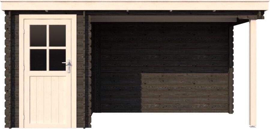 Dwf BlokhuttenOutlet.nl Blokhut met overkapping lessenaar dak 150 x 200 + 300cm in black wash met white wash