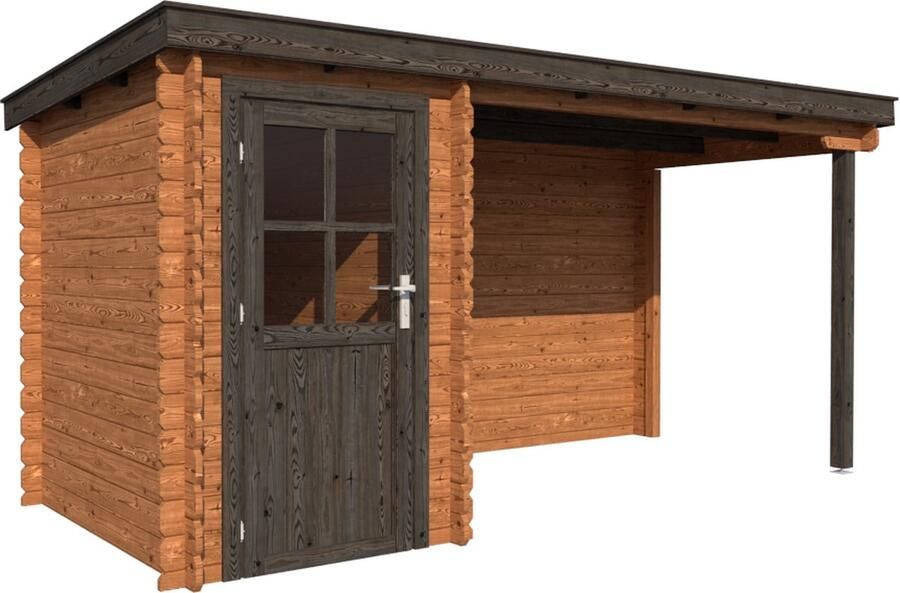 Dwf BlokhuttenOutlet.nl Blokhut met overkapping lessenaar dak 150 x 200 + 300cm in brown wash met black wash