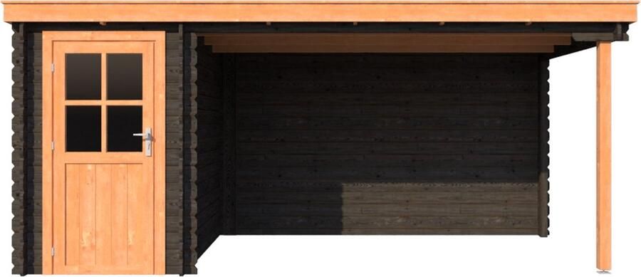 Dwf BlokhuttenOutlet.nl Blokhut met overkapping lessenaar dak 150 x 250 + 350cm in black wash met douglas wash