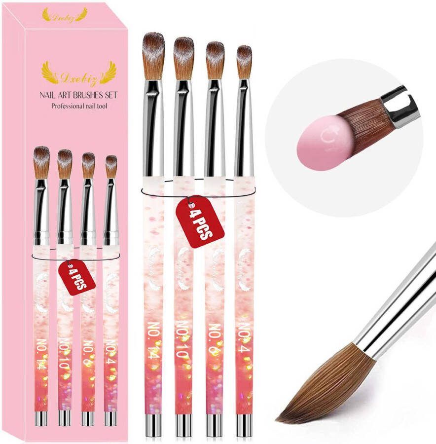 Dxebiz Set van 4 penselen voor nagel gel Roze acryl nagel kwasten Acrylic nail art brush set
