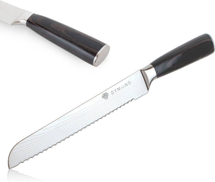 Dymund Broodmes 20cm Lemmet Gekarteld Mes met Damascus Patroon RVS Cadeauverpakking Zilver
