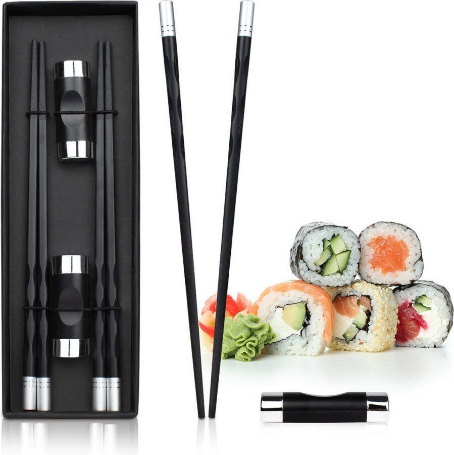 Dymund Chopsticks Set 2 paar eetstokjes Incl. 2 Eetstokjes Houders Vaatwasserbestendig RVS Zilver