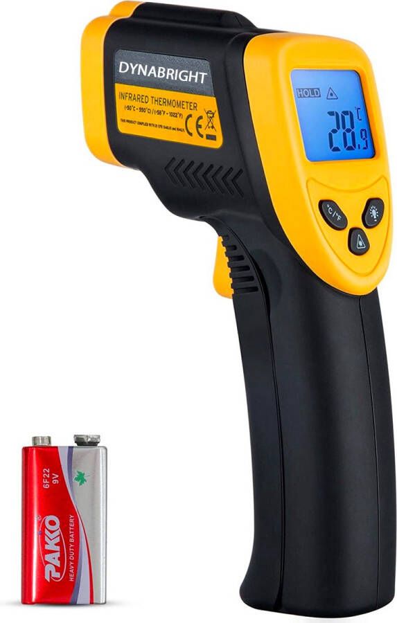 DynaBright Digitale Infrarood Thermometer van -50℃ tot 380℃ Batterij Inbegrepen Gebruik voor Binnen en Buiten Temperatuurmeter met LCD scherm in ℉ en ℃ Infrarood Thermometer Warmtemeter met Ingebouwde Laser