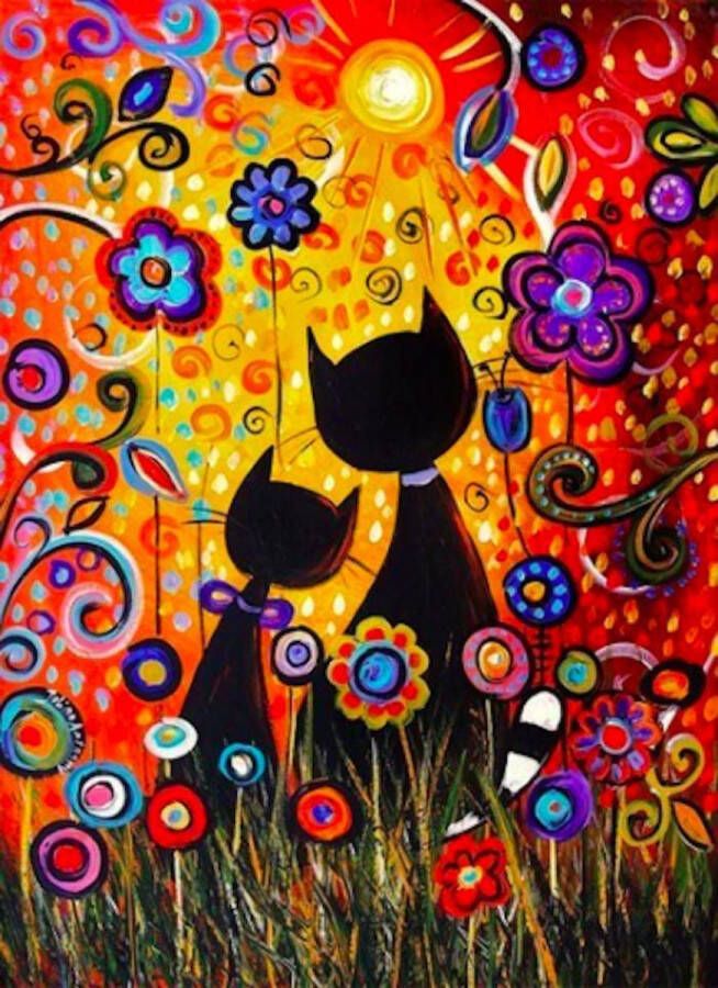 E-Style.Shop Diamond Painting – Romantisch Poezen paar in Bloemenveld 40 x 30 cm – Volledige bedekking – Vierkante steentjes – Compleet pakket inclusief tools – Verliefde katten in de zon – Soul Art