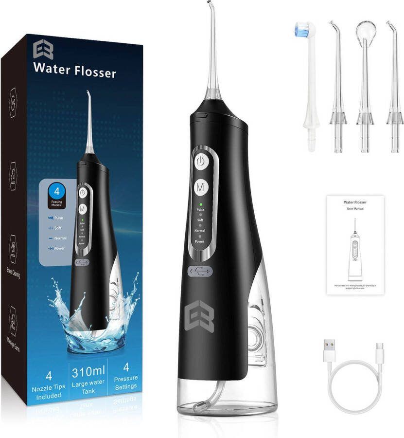 E3 Waterflosser Elektrisch Flosapparaat Draadloos & Oplaadbaar Monddouche 5 Opzetstukken Zwart