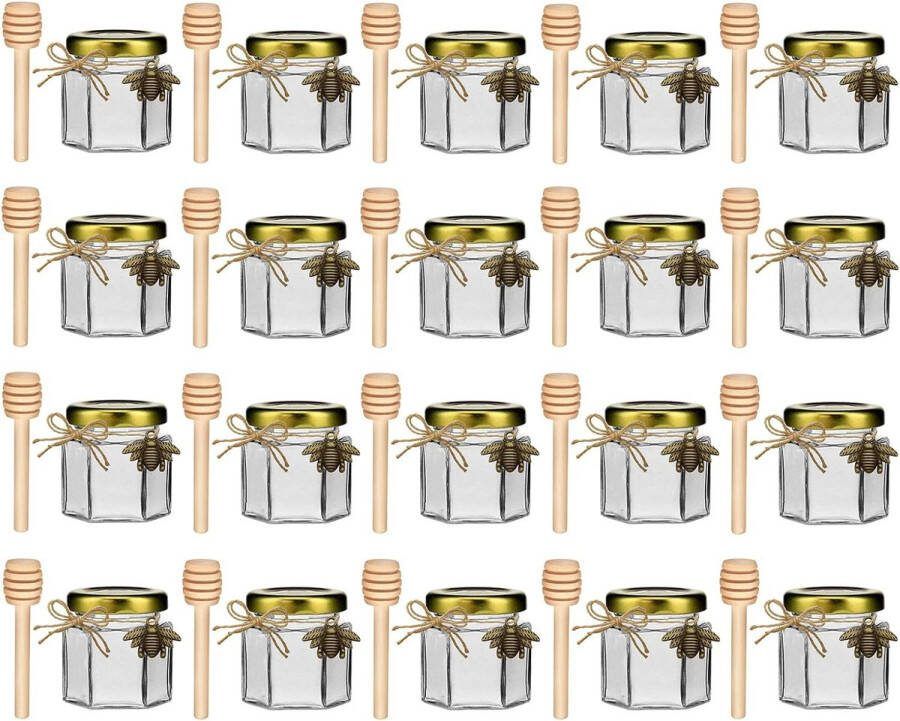 1 5 oz zeshoekige mini glazen honingpotten met houten lepel gouden deksels gouden bijenbedels jutes verpakking van 20 perfect voor babyborrels huwelijksgunsten feestartikelen