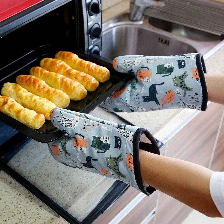 1 paar hittebestendige ovenhandschoenen pannenlappen handschoenen anti-slip ovenwanten keuken ovenwanten voor koken bakken barbecue (grijs katje)