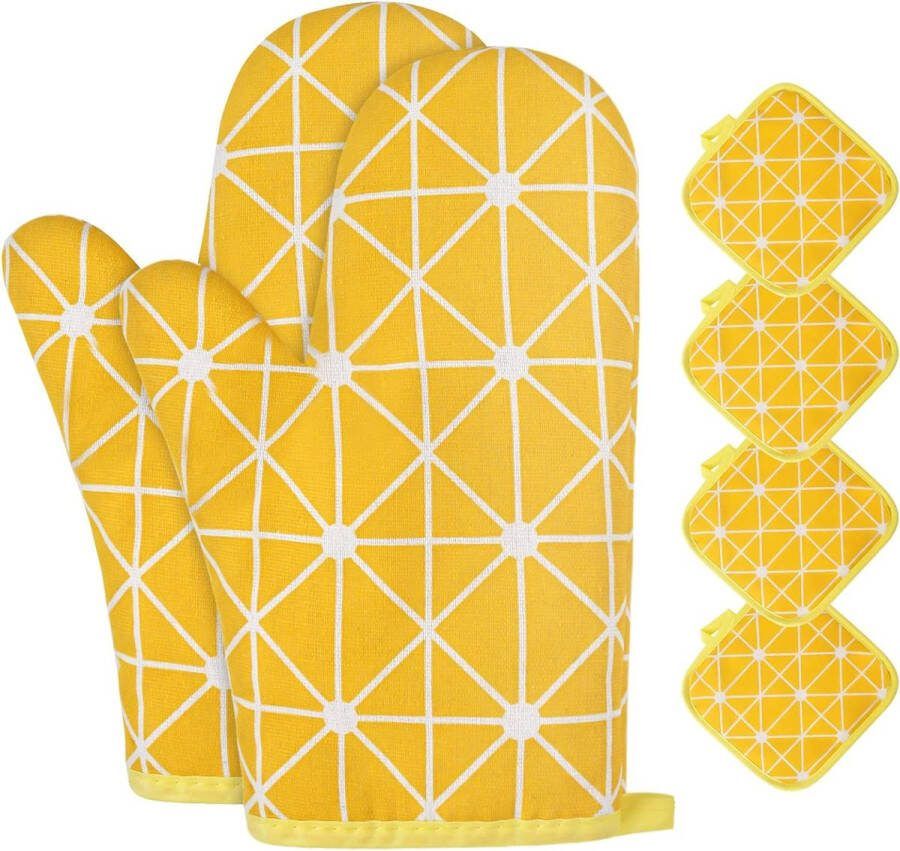 1 paar ovenhandschoenen en 4 pannenlappen katoenen antislip ovenhandschoenen wasbare ovenhandschoenen hittebestendig [tot 180 °C 356 °F] kookhandschoenen voor koken bakken grillen (6-geel)