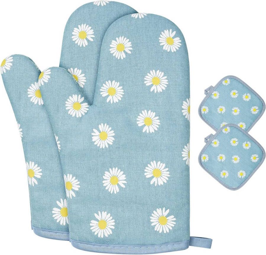 1 paar ovenwanten en 2 pannenlappen katoenen antislip ovenhandschoenen wasbare ovenhandschoenen hittebestendig [tot 180 °C 356 °F] kookhandschoenen voor koken bakken grillen blauwe
