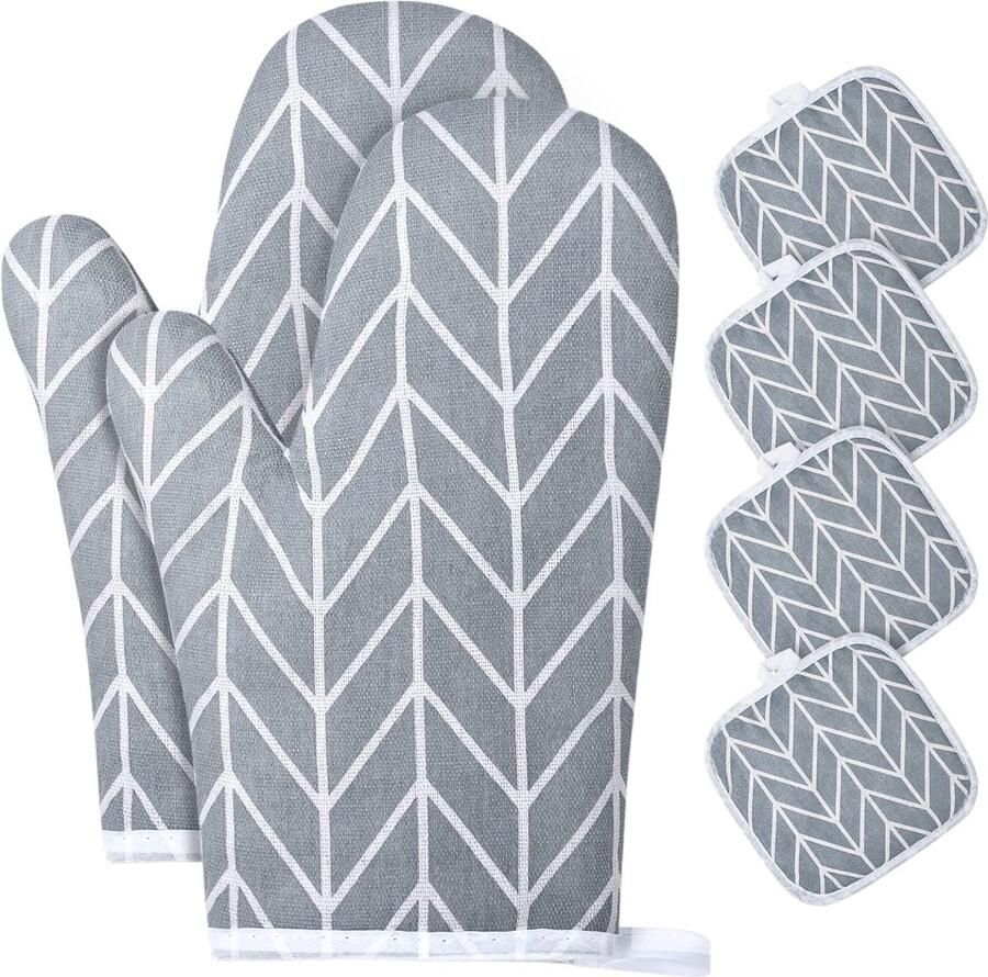 1 paar ovenwanten en 4 pannenlappen katoenen antislip ovenhandschoenen wasbare ovenhandschoenen hittebestendig tot 180 graden Celsius kookhandschoenen voor koken bakken grillen (6-grijs)