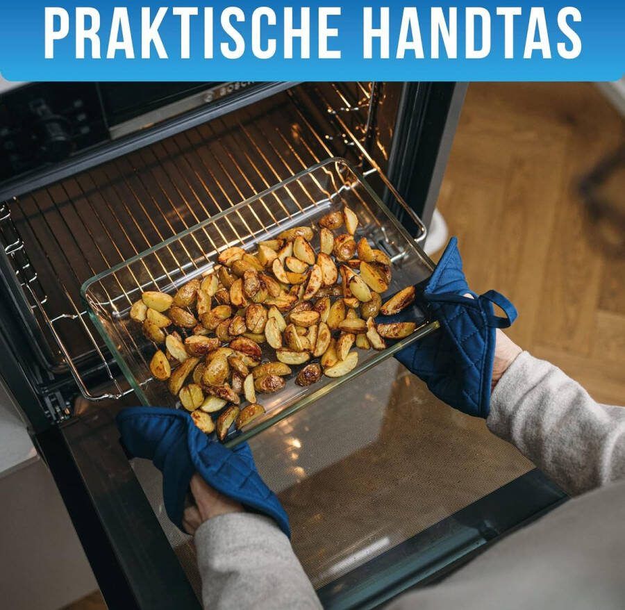 1 paar pannenlappen gemaakt van gerecycled katoen Met gripzakje voor de hand en fleece voering In verschillende kleuren (Blau)