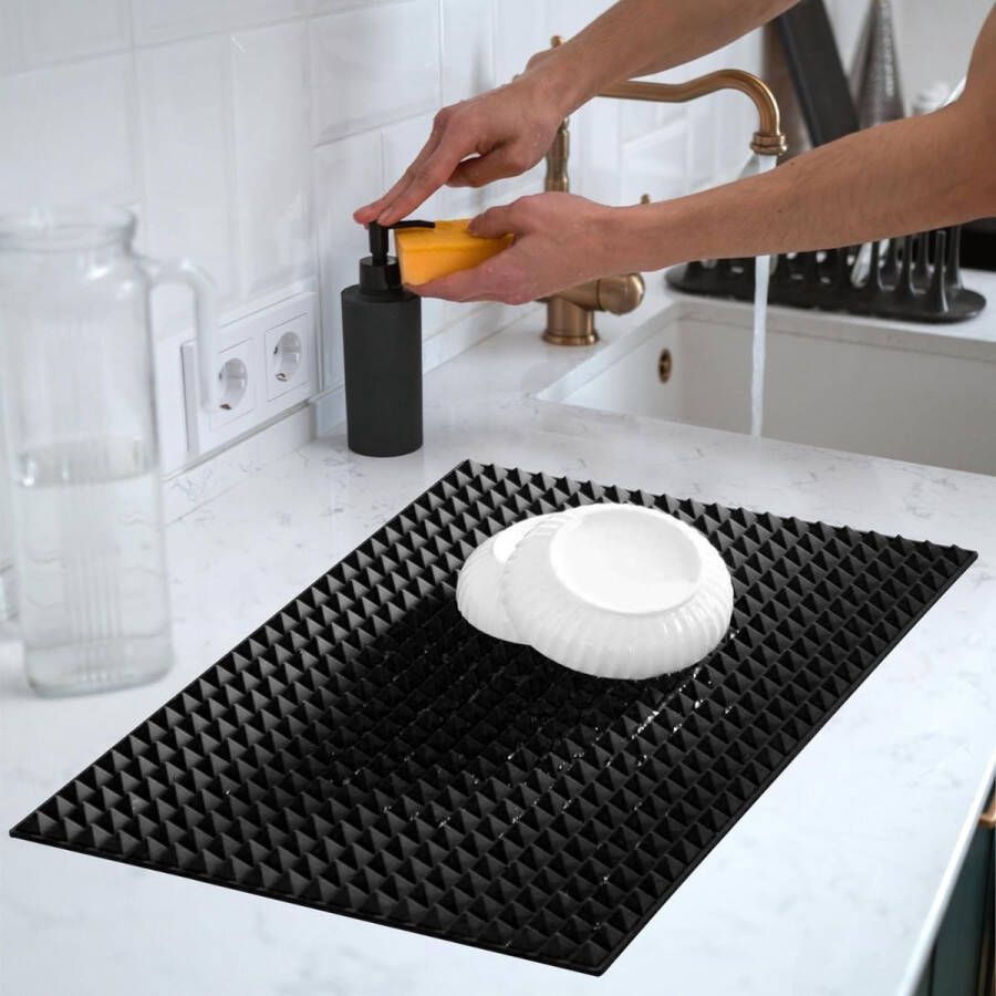 1 siliconen afdruipmat van zwart 41 cm x 28 cm siliconenmat hittebestendig onderzetter wasdroger antislip silicone droogmat RT 01