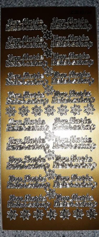 1 stickervel goud gouden stickers tekst van Harte Beterschap 20x tekst bloemetjes folie zelfklevend ziekte kaarten maken