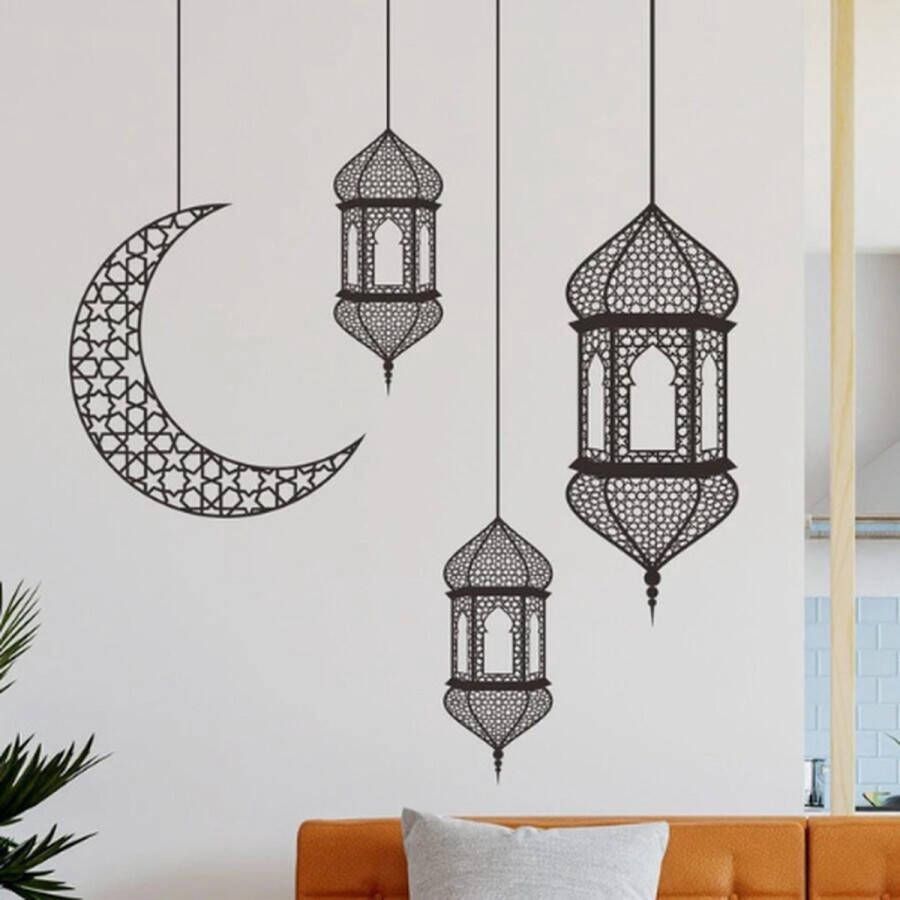 1 vel maan & lantaarn patroon muursticker eenvoudige zwarte verwijderbare muursticker voor slaapkamer woonkamer tv muur achtergrond woondecoraties ramadan sticker