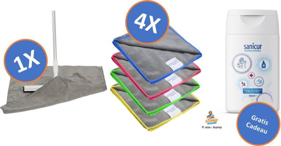 1 x Microvezel Dweil Doek MF XXL Grey 60 x 70cm & 4 x Microvezel Doek 38 x 38cmVan Zware Professionele Kwaliteit & Gratis Sanicur Handcleangel