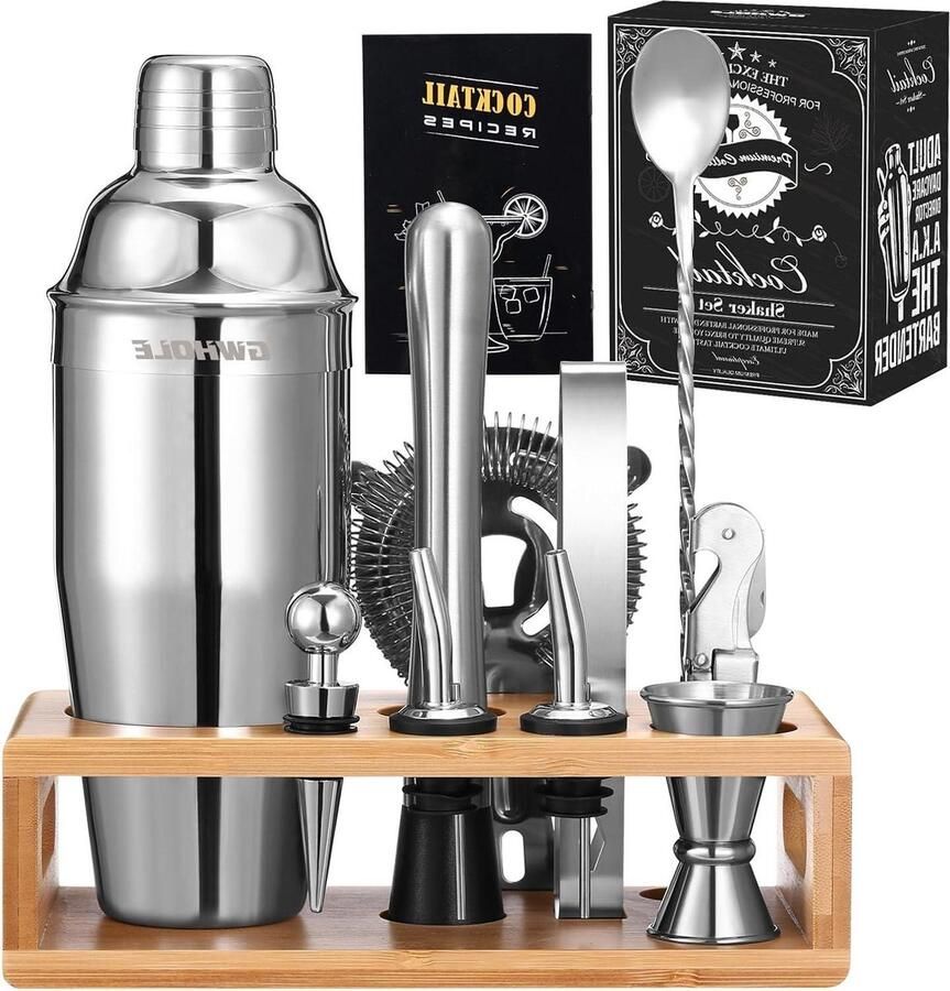 10-delige Cocktail Shaker Set RVS Mixer Baraccessoires Met Receptenboek en Houten Standaard