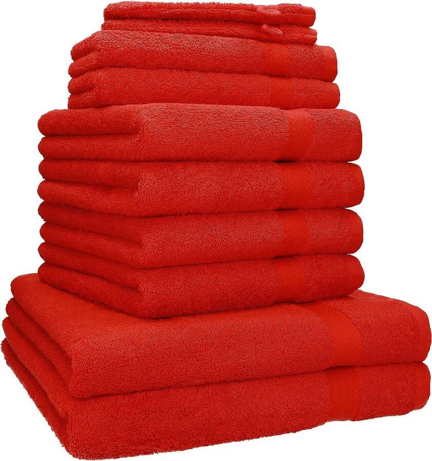 10-delige handdoekenset in 100% eersteklas katoen; twee douchehanddoeken vier handdoeken twee gastendoekjes twee washandjes rood 70 x 140 cm 50 x 100 cm 30 x 50 cm 16 x 21 cm