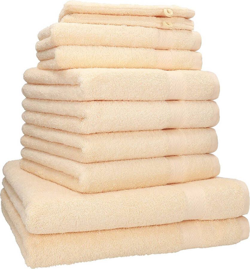 10-delige handdoekenset in 100% gemiddeld catoen; twee douchehanddoeken vier handdoeken twee gastendoekjes twee washandjes geel 70 x 140 cm 50 x 100 cm 30 x 50 cm 16 x 21 cm