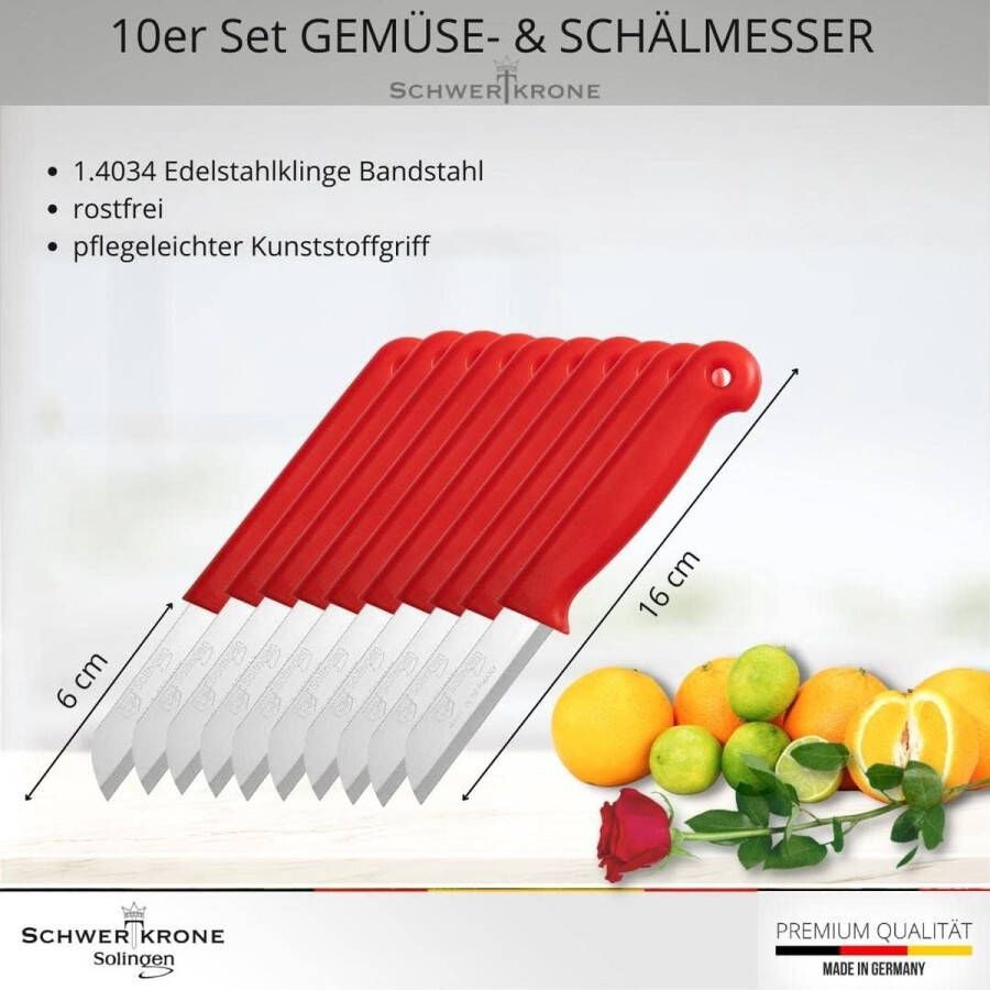 10-delige messenset groentemes keukenmes schilmes van bandstaal Duits roestvrij 16 cm totale lengte 6 cm lemmet (rood)