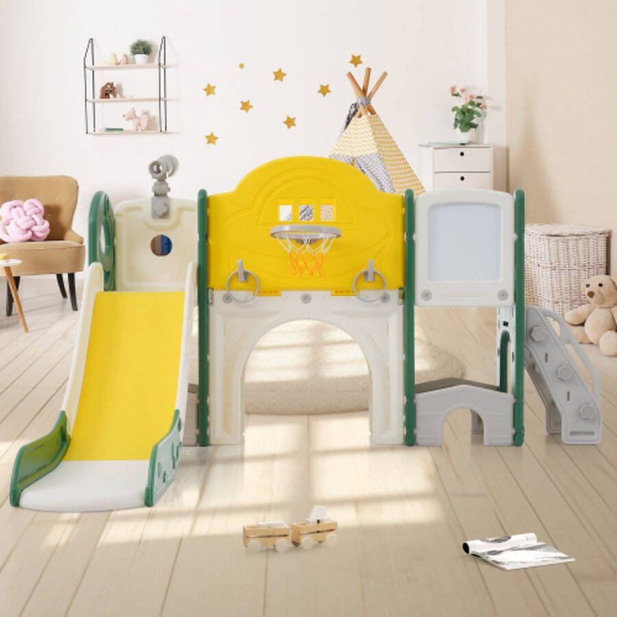 10 in 1 kinderglijbaanklimspeelgoed multifunctionele glijbaan vrijstaande glijbaan klimtoestel boorspel opbergruimte speelgang basketbalring lassospel tekentafel golfspel telescoop -Yellow