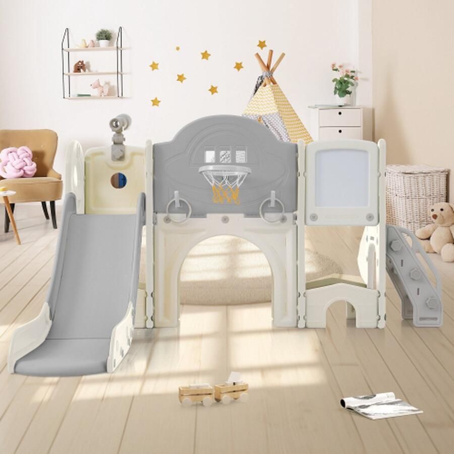 10 in 1 kinderglijbaanklimspeelgoed multifunctionele glijbaan vrijstaande glijbaan klimtoestel boorspel opbergruimte speelgang basketbalring lassospel tekentafel golfspel telescoop-Gray