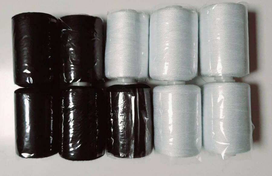 10 klossen naaigaren zwart en wit 1000m 100% polyester 5x zwart 5x wit garen