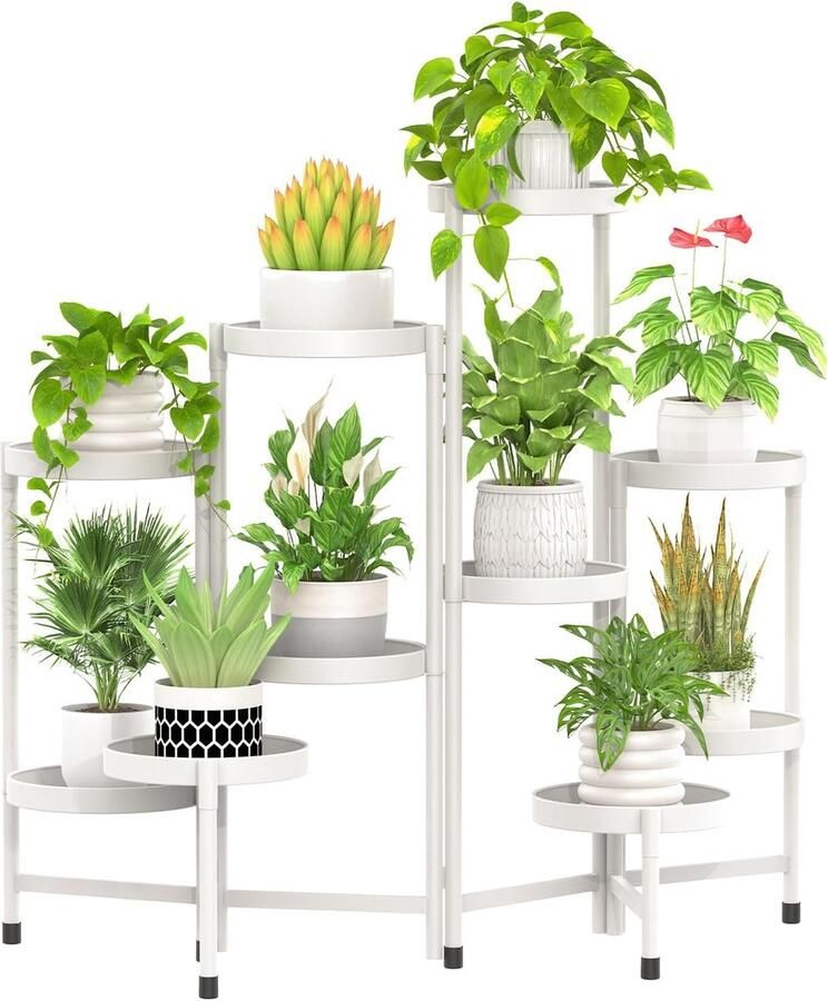 10-laags metalen plantenstandaard buiten binnen bloemenstandaard voor gebruik buitenshuis hoge plantenstandaard plantenplank plantenhouder plantentrappen voor woonkamer balkon patio binnenplaats (wit)