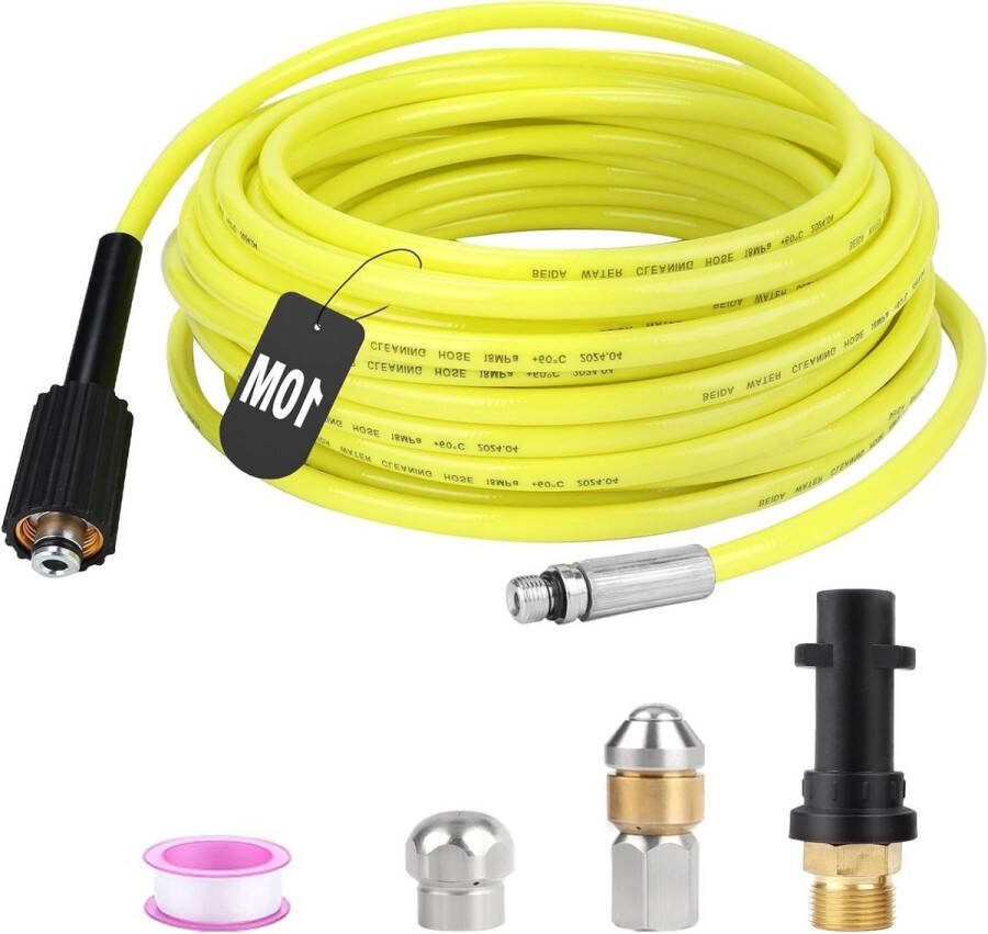 10 m 180 bar 60 °C afvoerreinigingsslang slang met starre sproeiers roterend adapter K2-K7 hogedrukreiniger geel