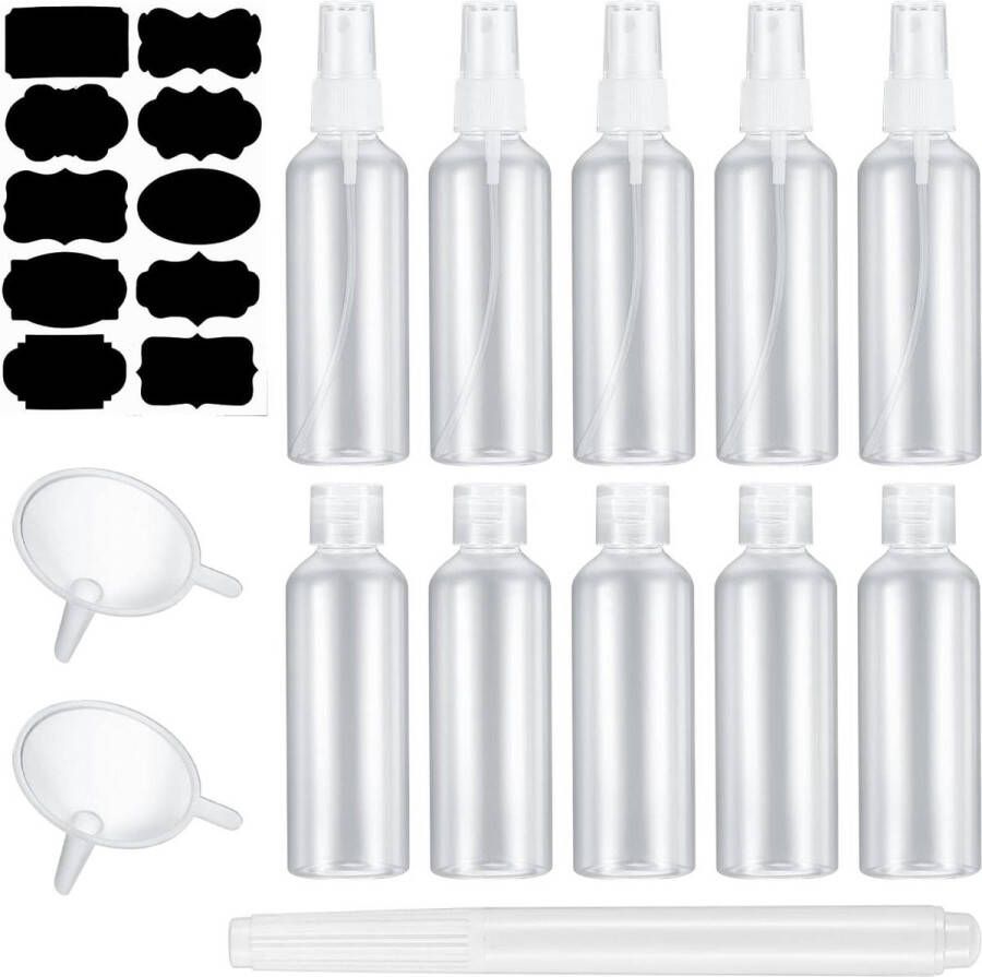 10 stuks 100 ml reisflessenset lege plastic vulflessen voor reizen cosmetica met trechters en pen reisflesjes 100ml