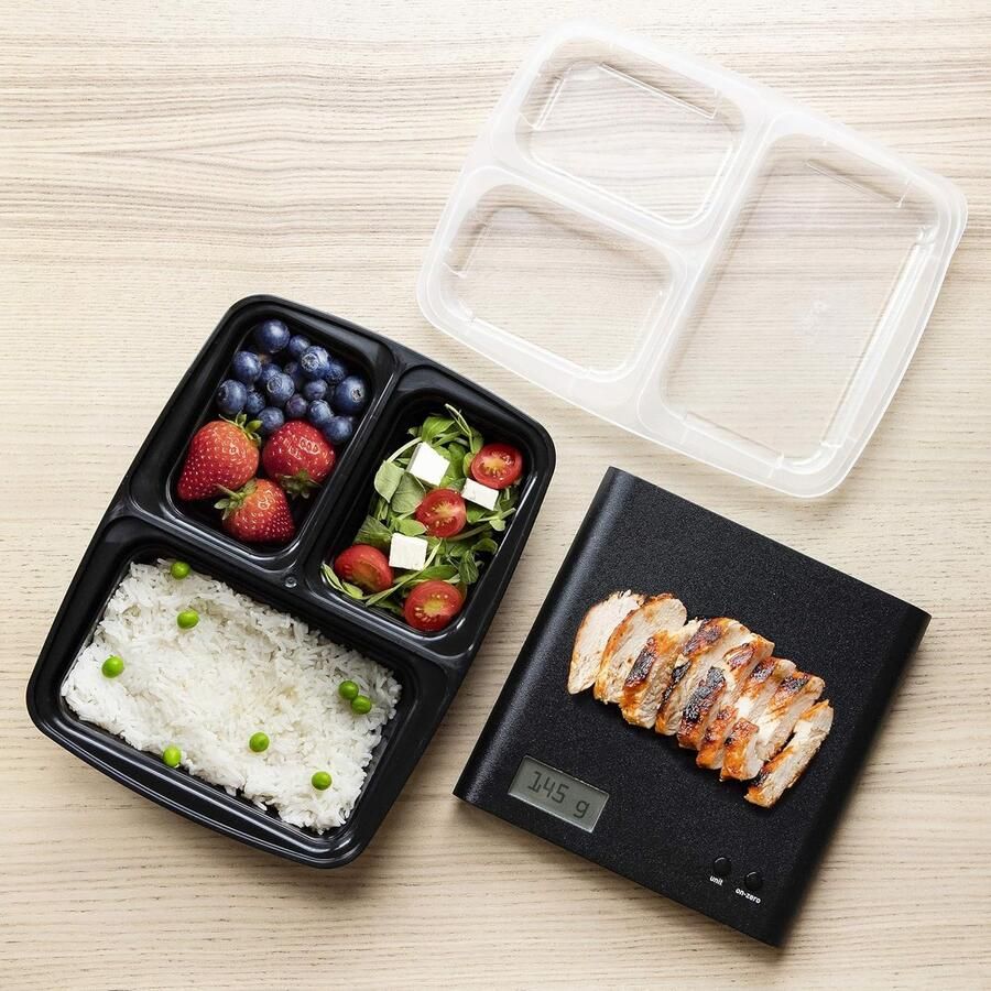 [10 Stuks] 3 Compartimenten BPA Vrij Herbruikbare Meal Prep Containers Plastic Voedsel Bakjes met Luchtdichte Deksels Magnetron Vriezer en Vaatwasserbestendig Stapelbare Bento Box (900 ml)