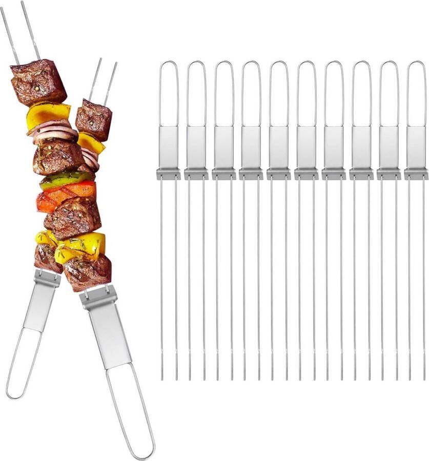10 stuks 33 cm roestvrijstalen sjasliekspiesen platte roestbescherming herbruikbaar barbecuefeest lange grillspiesen met duwstang en dubbele vork Kebab skewers