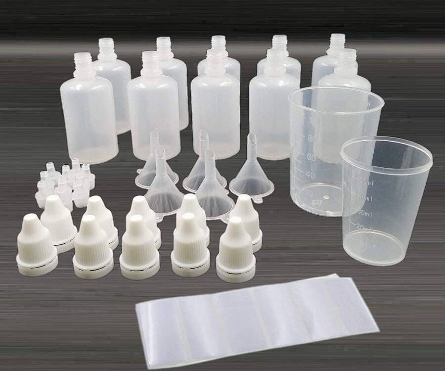 10 stuks 50 ml knijpbare plastic flesjes lege vloeibare fles met mini-trechter en waterdichte etiketten en plastic maatbeker voor cosmetica vloeistoffen oogdruppels