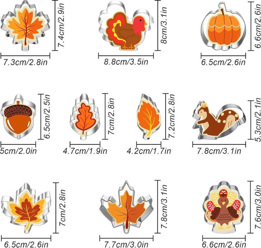 10 stuks herfst uitsteekvormen oogstfeest uitsteekvormpjes bladeren pompoen kalkoen eekhoorntje esdoornblad koekjessnijders roestvrij staal DIY koekjessnijders set voor herfst oogstfeest feest