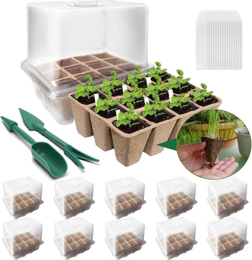 10 stuks kamerbroeikas kweekbak 120 gaten mini-broeikas kweekbak voor het kweken afbreekbare kweekpotten met 20 plantenetiketten en 2 tuingereedschap voor het kweken van zaamplanten