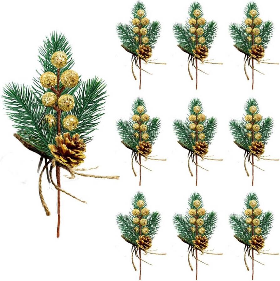 10 stuks kunstdennen-plectrums dennennaalden kleine bessen dennenappels voor bloemstukken kransen bruiloft kerstboomversiering goud