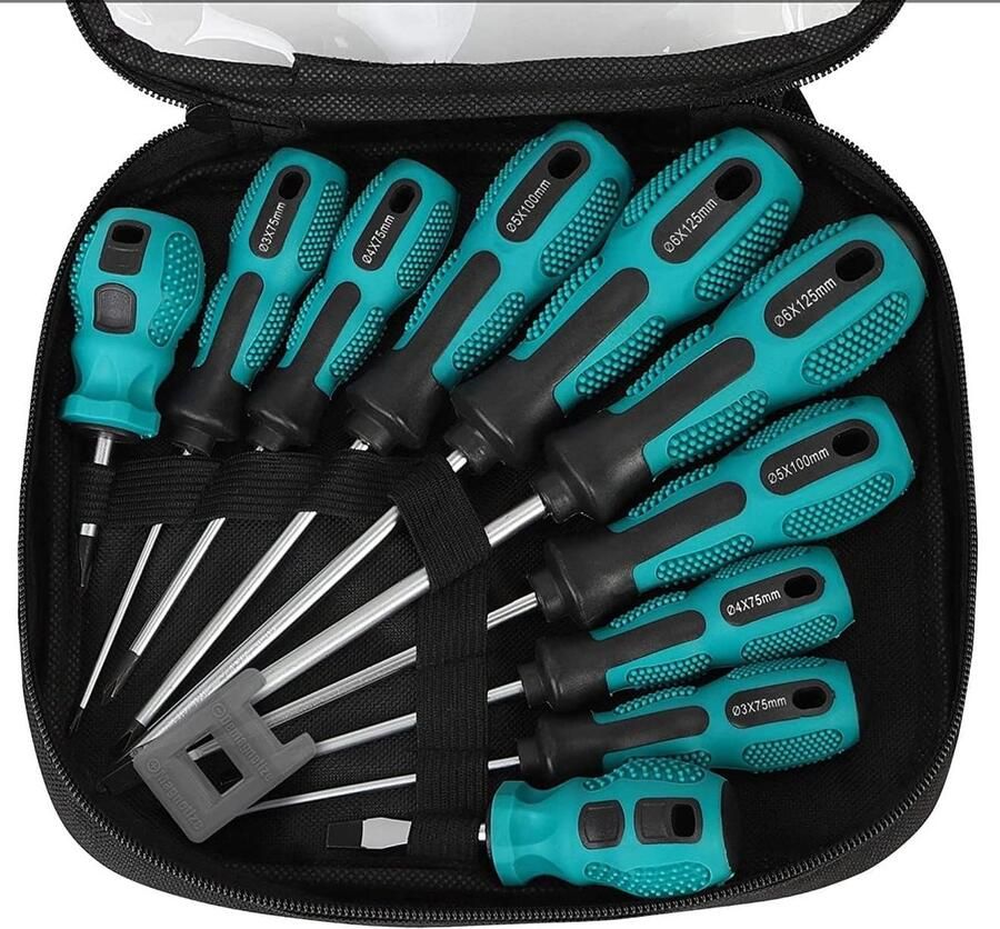 10 stuks magnetische schroevendraaierset 5 formaat Heavy Duty Chrome Vanadium Steel Schroevendraaier 5 platte en 5 kruiskopschroevendraaier met antislip grip voor reparatie Home Improvement Craft met gereedschapstas