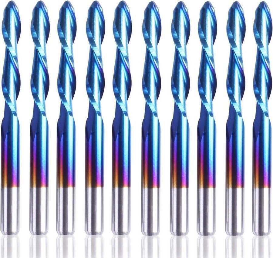 10 stuks Nano blauwe jas bal neus einde molen CNC router bits 1-8 schacht spiraal upcut 2 fluit set van 10