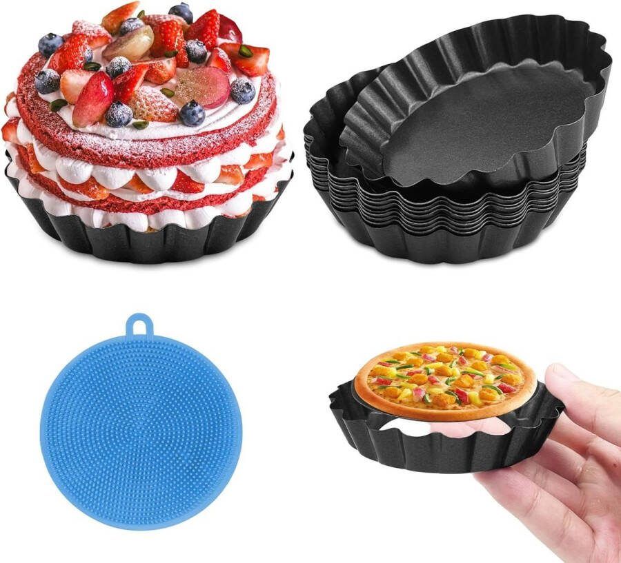 10 stuks taartvorm zwart tarteletvormpjes ronde quichevorm koolstofstaal hefbodem pitvorm gegolfde rand 10 cm fruitcakevorm antiaanbaklaag quiche pie met extra zoekwoord 'bakvormen' tartelette vormen